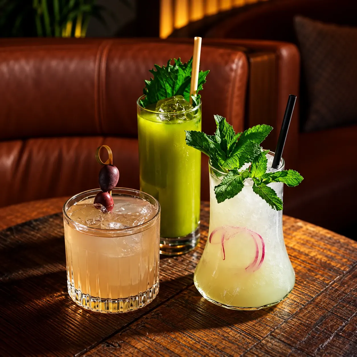 Tre olika cocktails med gröna örter och is framför Karamells bruna lädersoffa