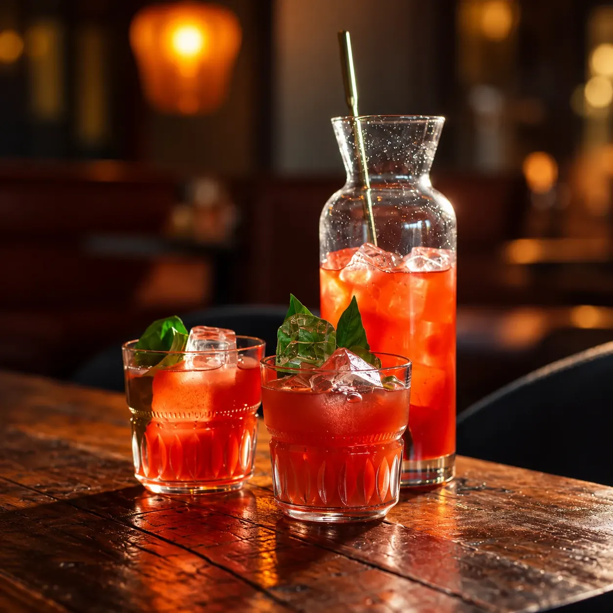 Röda cocktails med is och basilika på ett träbord i Karamells bar