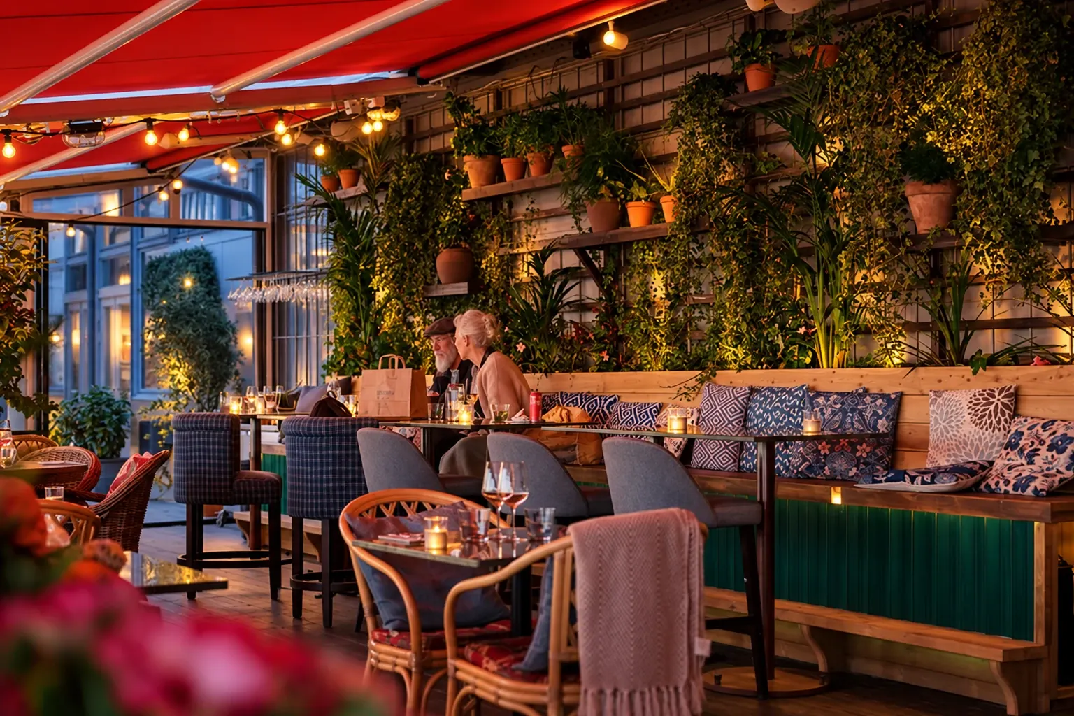 Karamells skyddade lounge med växter, mönstrade kuddar och varm kvällsbelysning
