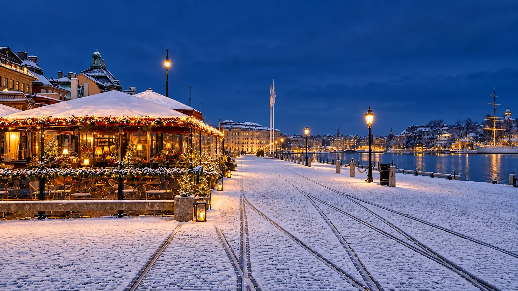 Karamell i vinterkvällen vid den snötäckta kajen på Skeppsbron