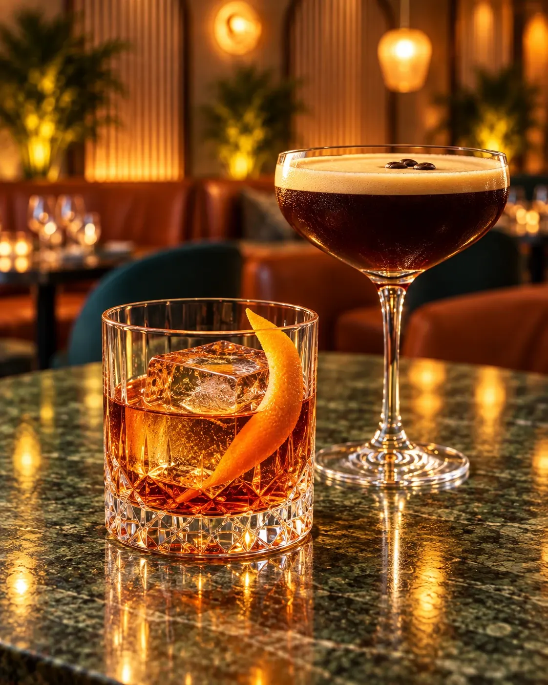 Cocktails i varma bärnstens- och kaffetoner i kvällsljus