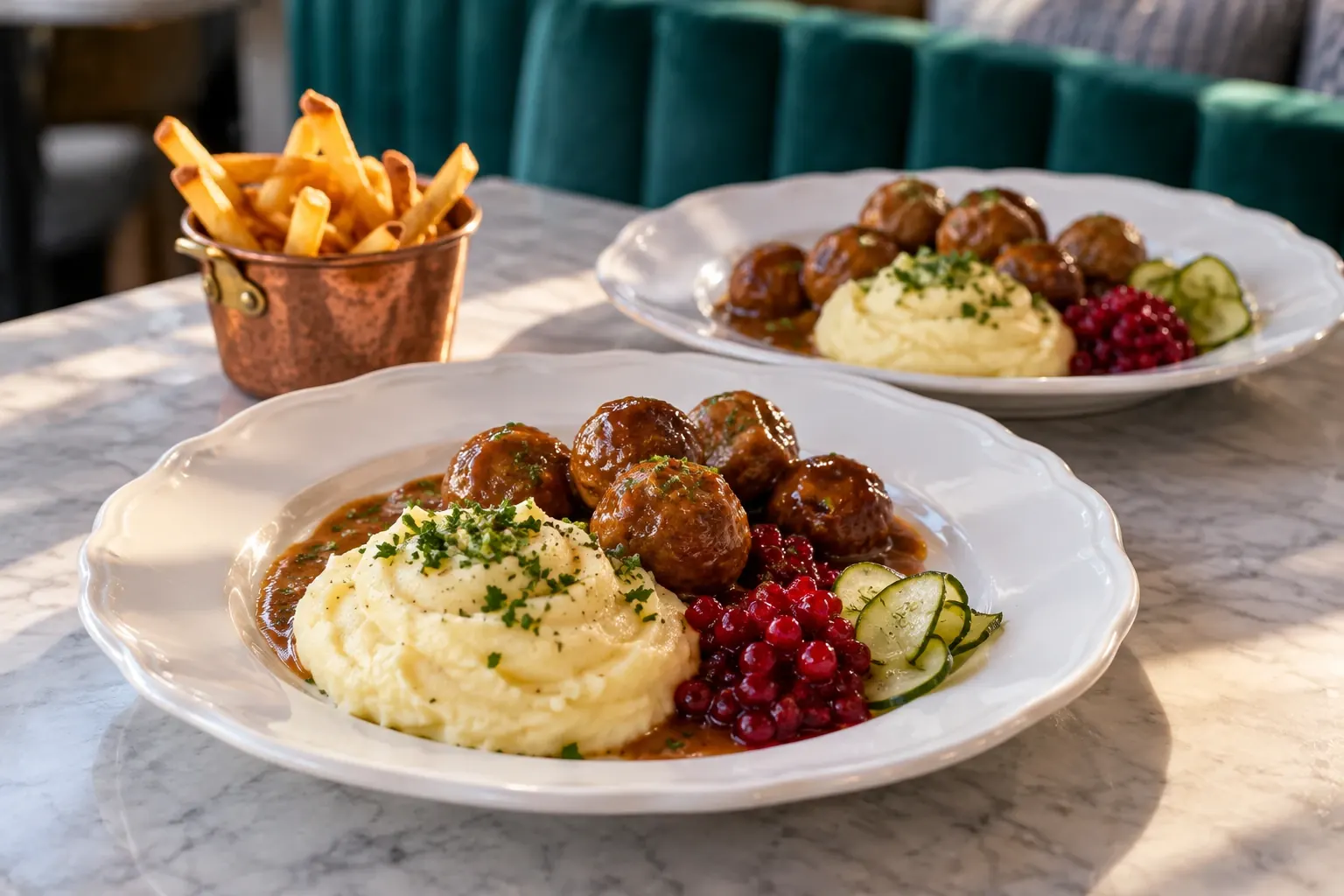 Köttbullar med potatispuré, gräddsås och lingon