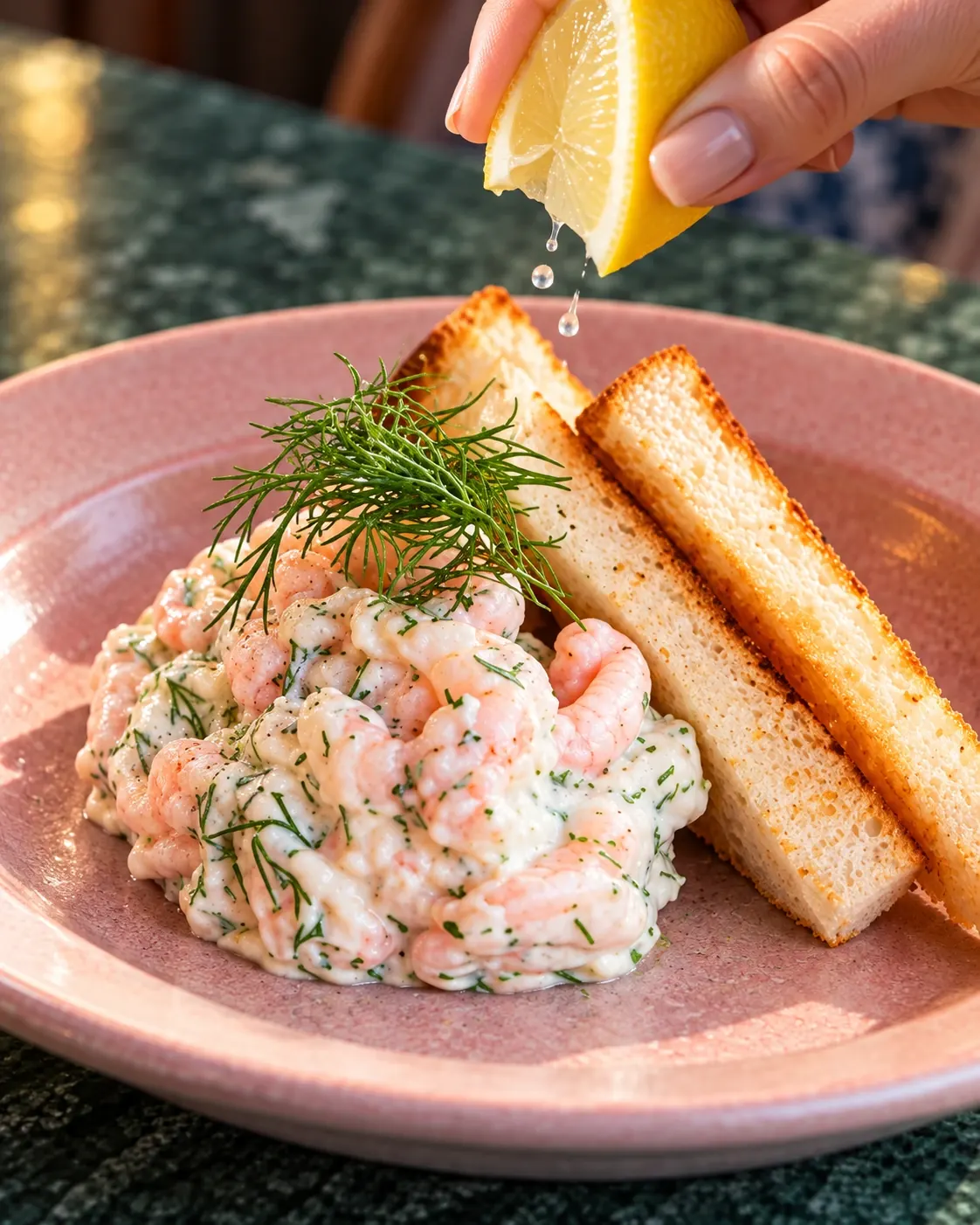 Toast Skagen med färsk dill och citron som pressas över räkorna
