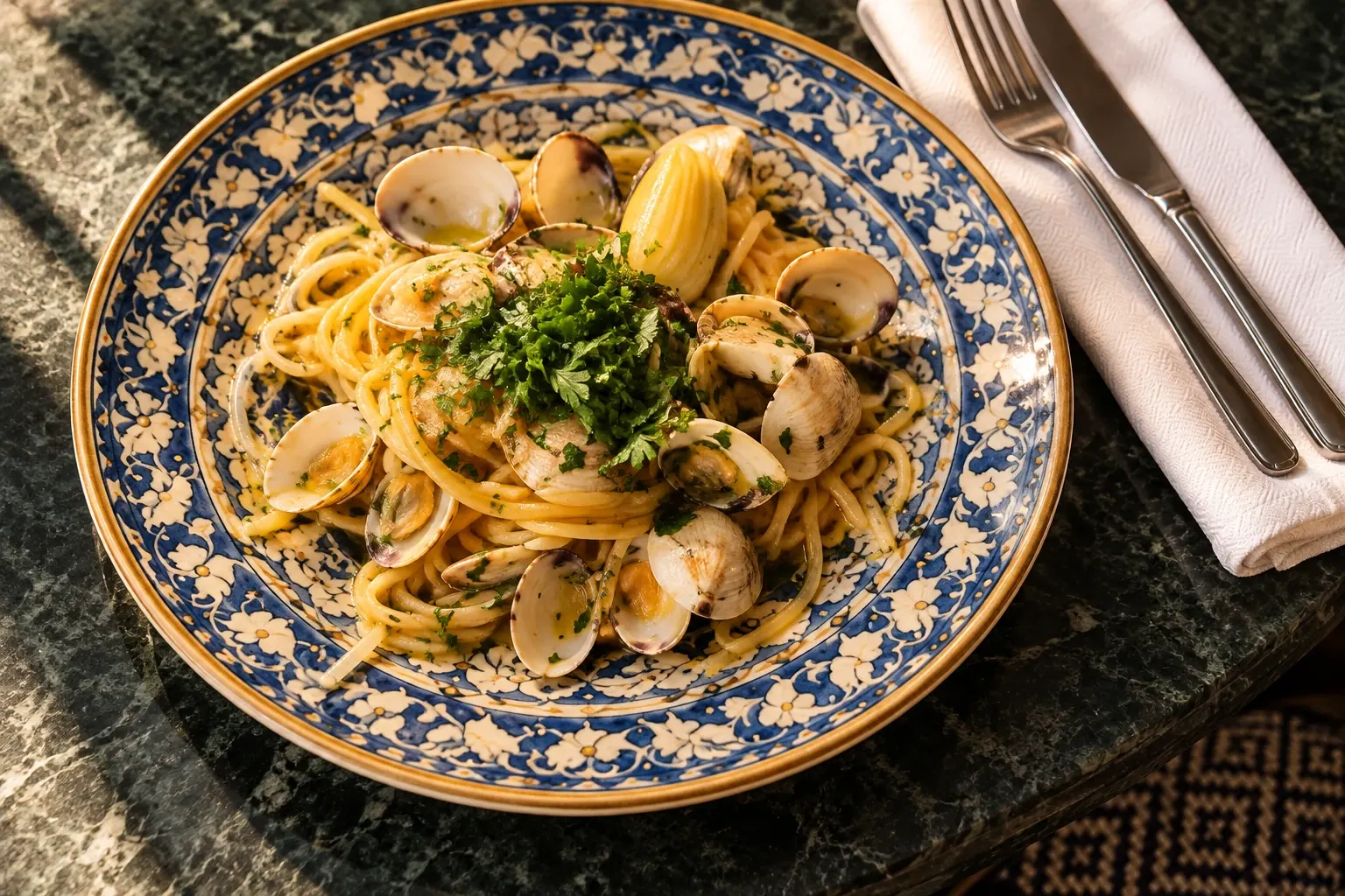 Vongole-pasta på mönstrat porslin