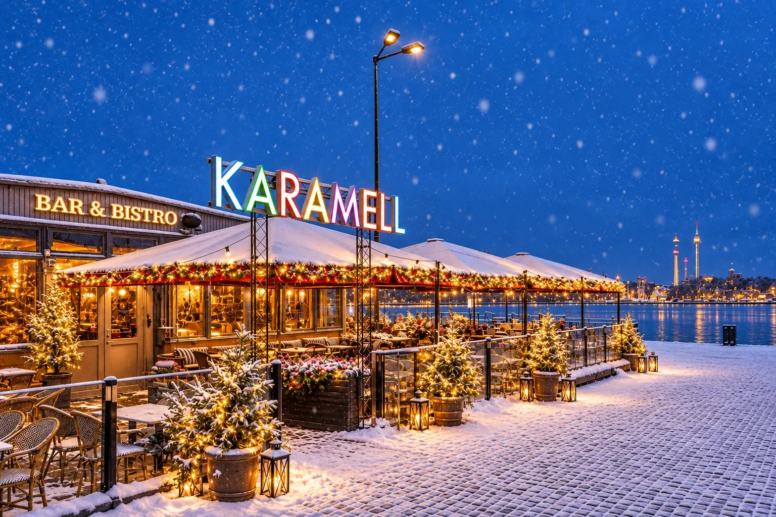 Karamell i snö vid Skeppsbron med varm julbelysning